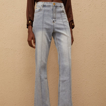 Emmanuelle Blue Faded Flared Jeans Premium Denim Contrast Stitching Five Pockets Belt Loops Front Button Zip Fastening Long-Length 100% Cotton Comfort Style