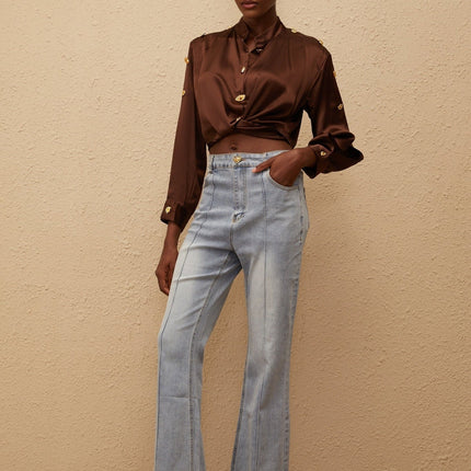 Emmanuelle Blue Faded Flared Jeans Premium Denim Contrast Stitching Five Pockets Belt Loops Front Button Zip Fastening Long Length 100 Cotton