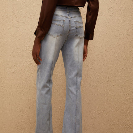Emmanuelle Blue Faded Flared Jeans Premium Denim Contrast Stitching Five Pockets Belt Loops Front Button Zip Fastening Long-Length 100 Cotton Comfort Style