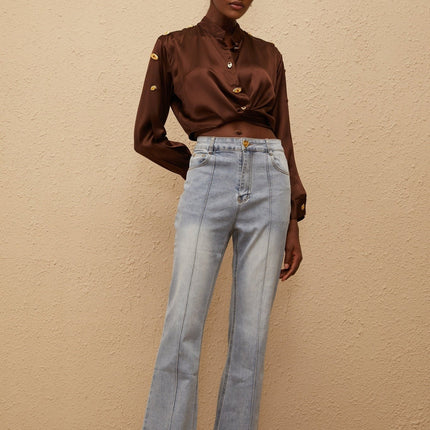 Emmanuelle Blue Faded Flared Jeans Premium Denim Contrast Stitching Five Pockets Belt Loops Front Button Zip Fastening Long Length Versatile Wardrobe Staple 100% Cotton Comfort Style