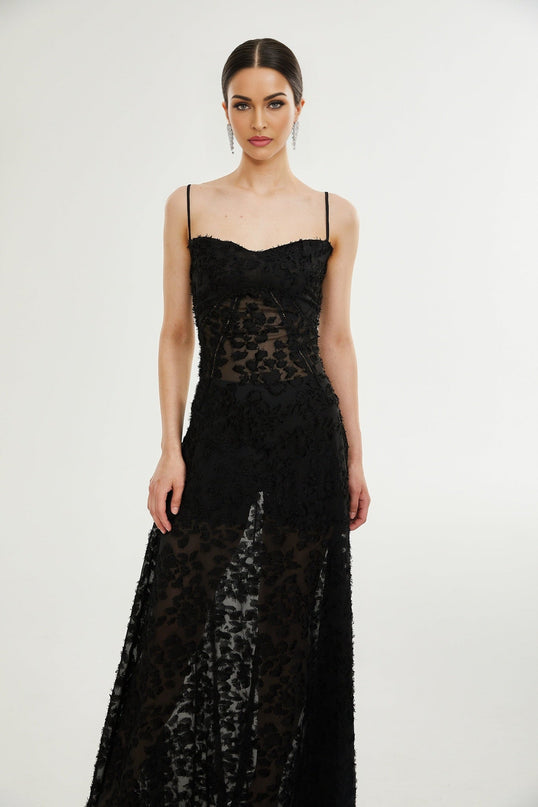 Emmelina Black Lace Maxi Dress with Floral Details