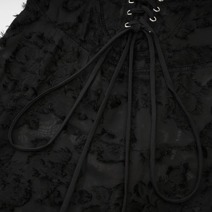Emmelina Black Lace Maxi Dress Floral Details Spaghetti Straps Tie Closure Semi-Sheer Elegant Feminine Comfortable Durable
