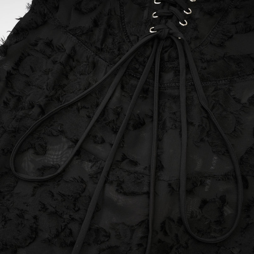 Emmelina Black Lace Maxi Dress Floral Details Spaghetti Straps Tie Closure Semi-Sheer Elegant Feminine Comfortable Durable