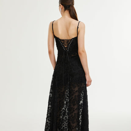 Emmelina Black Lace Maxi Dress with Floral Details