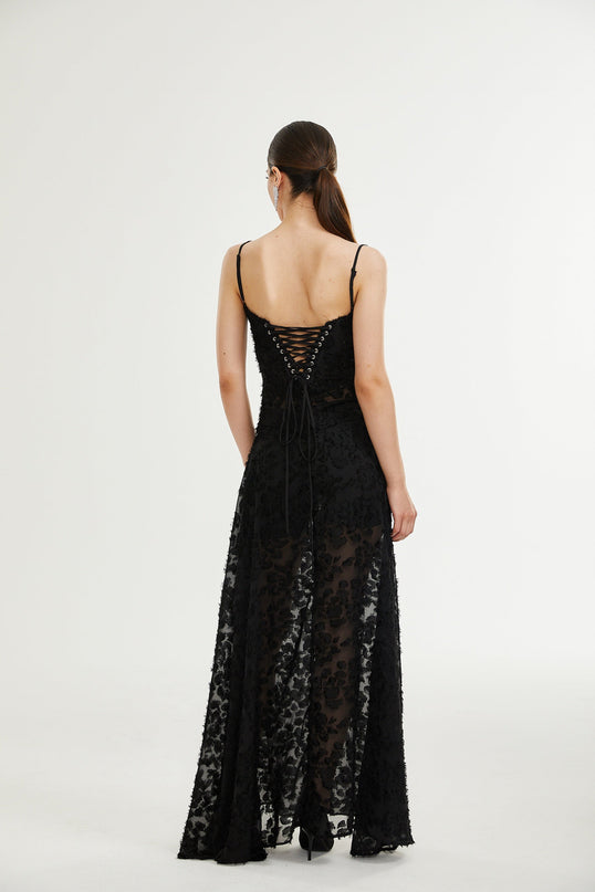 Emmelina Black Lace Maxi Dress with Floral Details