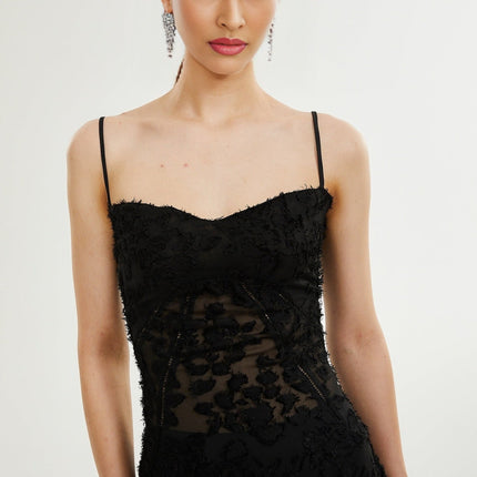 Emmelina Black Lace Maxi Dress with Floral Details