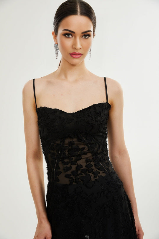 Emmelina Black Lace Maxi Dress with Floral Details