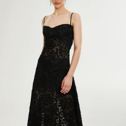 Emmelina Black Lace Maxi Dress with Floral Details