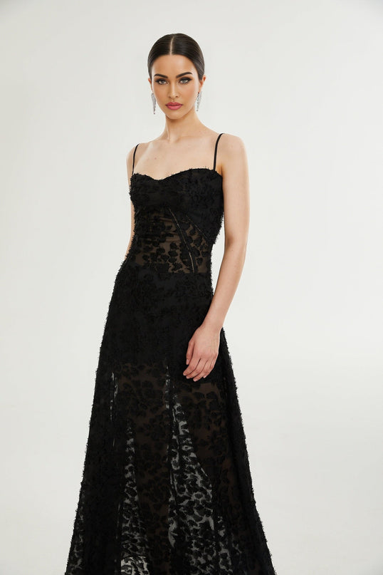 Emmelina Black Lace Maxi Dress with Floral Details