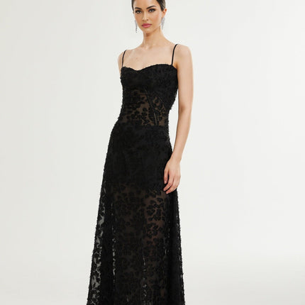 Emmelina Black Lace Maxi Dress with Floral Details