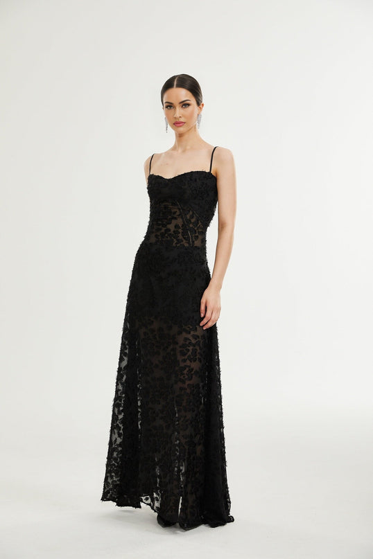 Emmelina Black Lace Maxi Dress with Floral Details