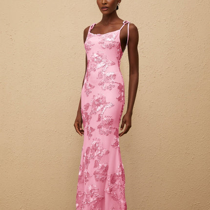 Énigme Pink Jacquard Floral Maxi Dress