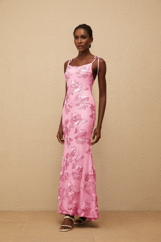 Énigme Pink Jacquard Floral Maxi Dress