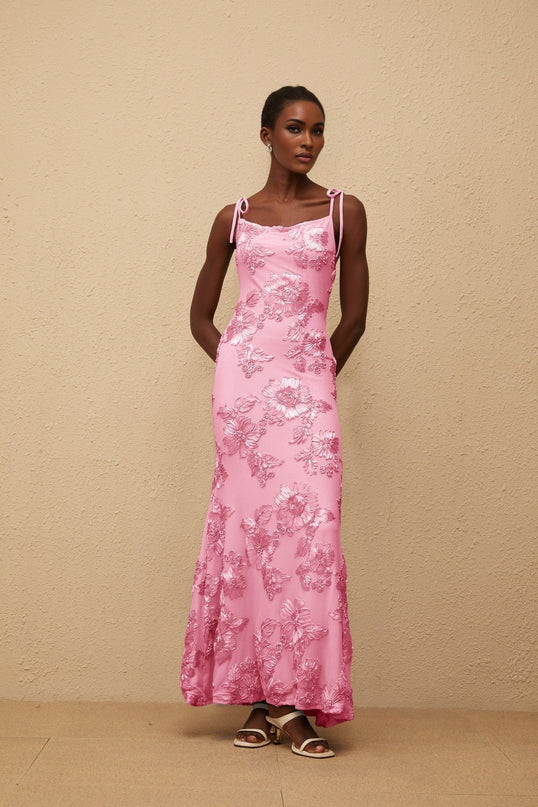 Énigme Pink Jacquard Floral Maxi Dress