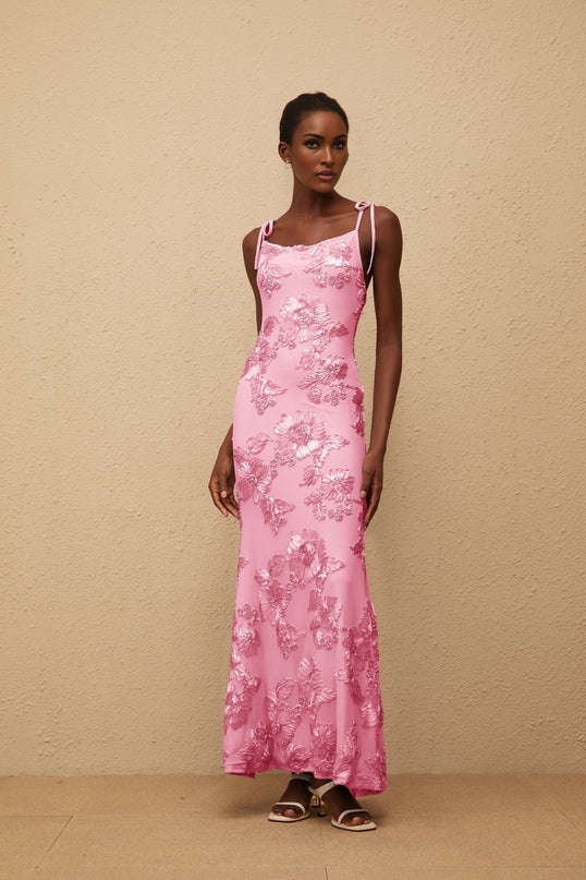 Énigme Pink Jacquard Floral Maxi Dress