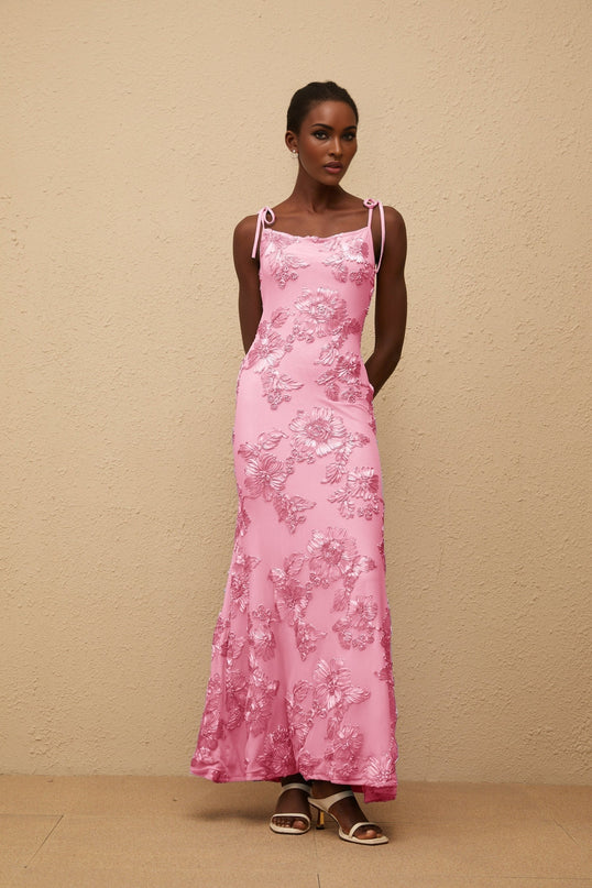 Énigme Pink Jacquard Floral Maxi Dress