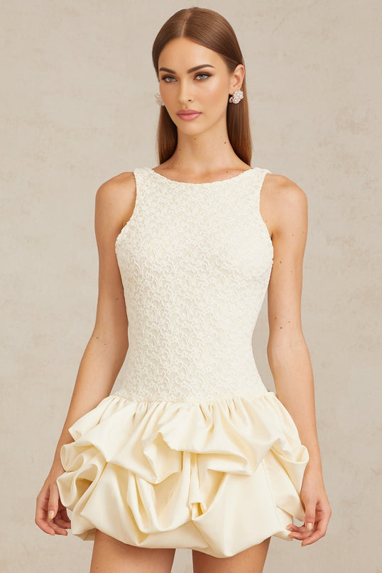 Enjouée Neutral Bubble Floral Lace Mini Dress