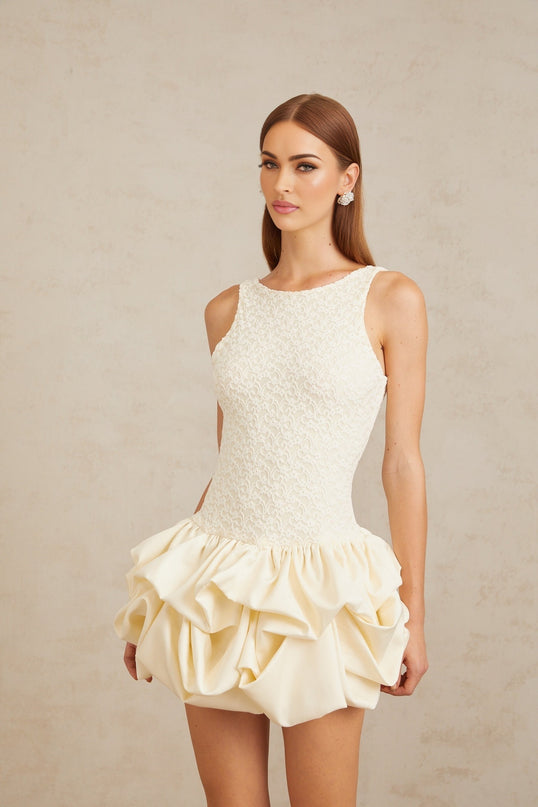 Enjouée Neutral Bubble Floral Lace Mini Dress