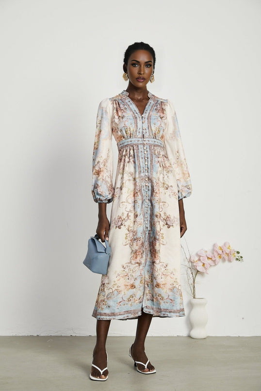 Enrica Floral Print V-neck Midi Dress in Neutrals and Light Blue Hues