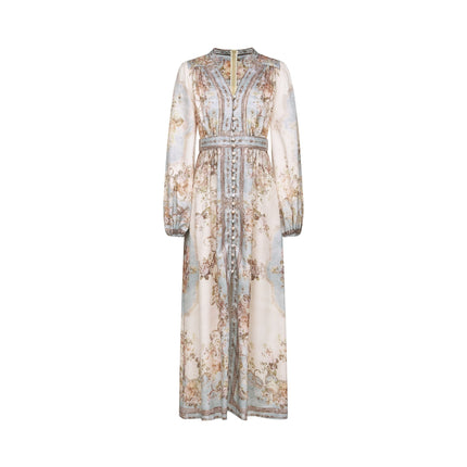 Enrica Floral Print V-neck Midi Dress in Neutrals and Light Blue Hues