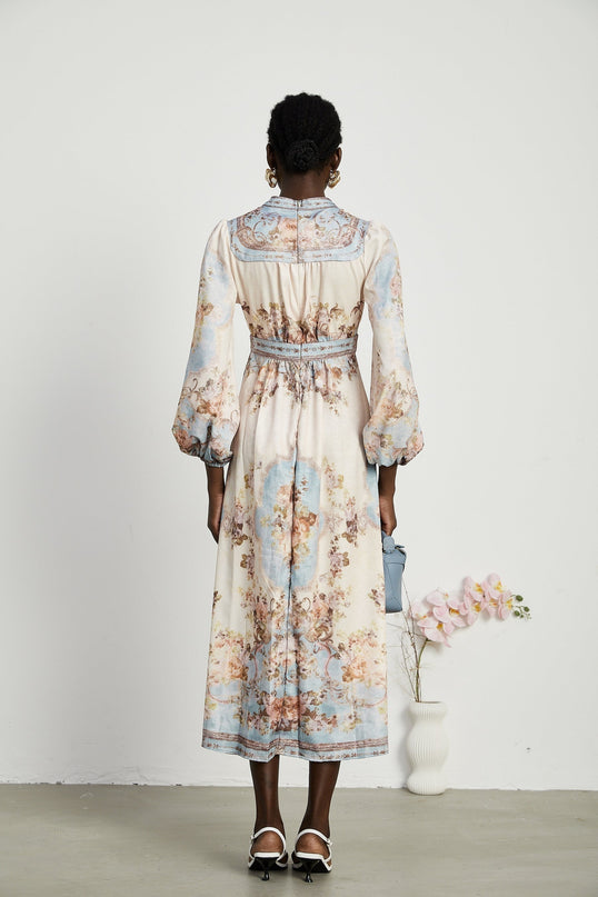 Enrica Floral Print V-neck Midi Dress in Neutrals and Light Blue Hues