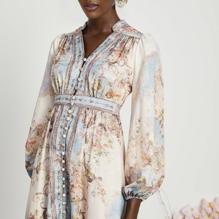 Enrica Floral Print V-neck Midi Dress in Neutrals and Light Blue Hues