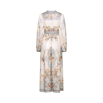 Enrica Floral Print V-neck Midi Dress in Neutrals and Light Blue Hues