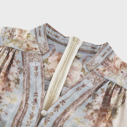 Enrica Floral Print V-neck Midi Dress in Neutrals and Light Blue Hues