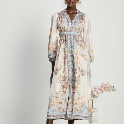 Enrica Floral Print V-neck Midi Dress in Neutrals and Light Blue Hues