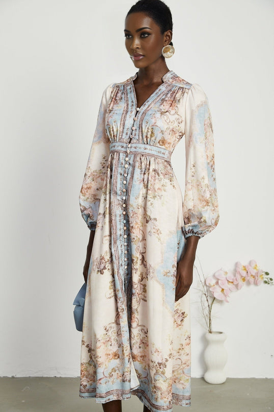 Enrica Floral Print V-neck Midi Dress in Neutrals and Light Blue Hues