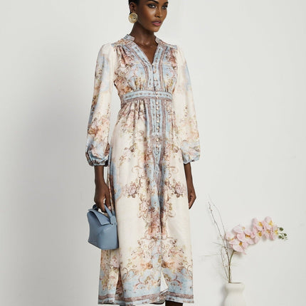Enrica Floral Print V-neck Midi Dress in Neutrals and Light Blue Hues