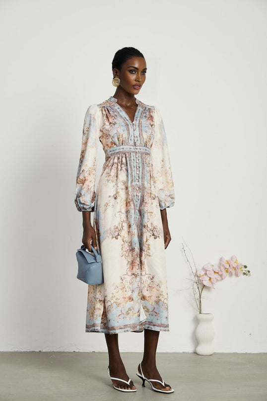 Enrica Floral Print V-neck Midi Dress in Neutrals and Light Blue Hues