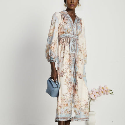 Enrica Floral Print V-neck Midi Dress in Neutrals and Light Blue Hues