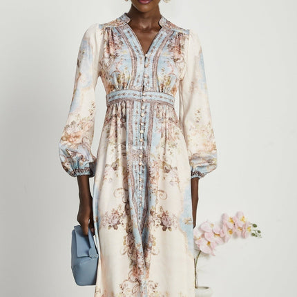 Enrica Floral Print V-neck Midi Dress in Neutrals and Light Blue Hues