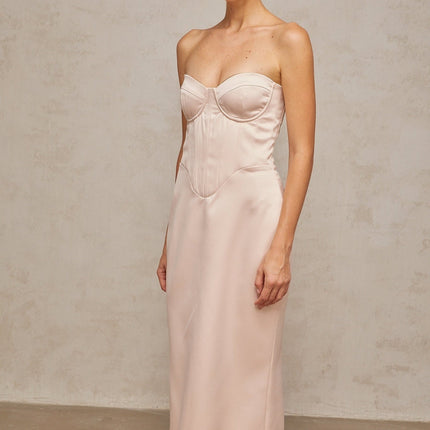 Enrica Pink Satin Maxi Dress with Off-Shoulder Corset Design and Sweetheart Neckline