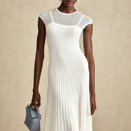 Enrica White Midi Dress Viscose Polyamide Elastane Scalloped Hem Sleeveless Round Neck Stretch Jersey