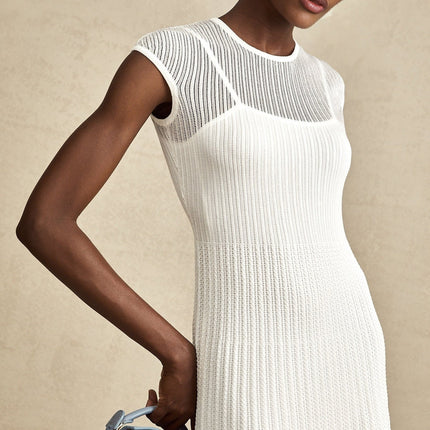 Enrica White Stretch Jersey Midi Dress with Scalloped Hem