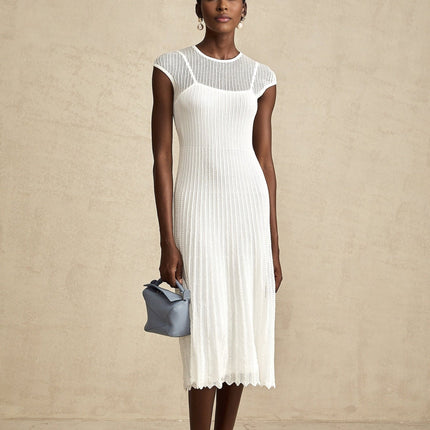 Enrica White Midi Dress Viscose Polyamide Elastane Scalloped Hem Round Neck Sleeveless Stretch Jersey