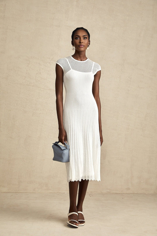 Enrica White Midi Dress Viscose Polyamide Elastane Scalloped Hem Round Neck Sleeveless Stretch Jersey