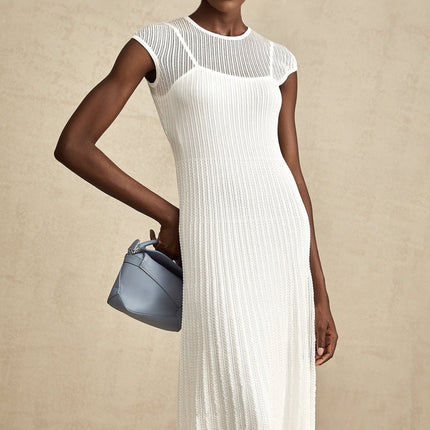 Enrica White Midi Dress Viscose Polyamide Elastane Scalloped Hem Sleeveless Round Neck Stretch Jersey