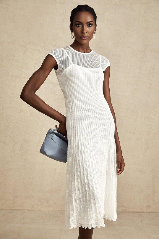 Enrica White Midi Dress Viscose Polyamide Elastane Scalloped Hem Sleeveless Round Neck Stretch Jersey