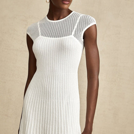 Enrica White Stretch Jersey Midi Dress with Scalloped Hem