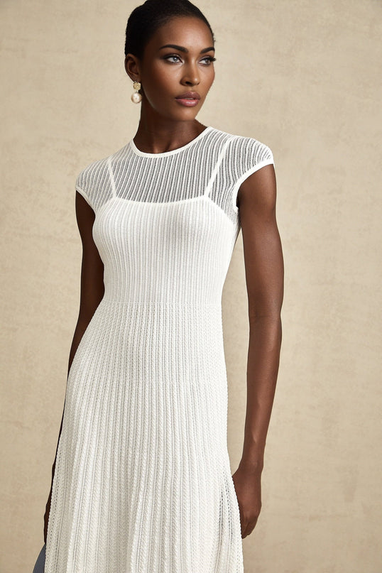 Enrica White Stretch Jersey Midi Dress with Scalloped Hem