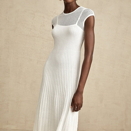 Enrica White Midi Dress Viscose Polyamide Elastane Scalloped Hem Sleeveless Round Neck Stretch Jersey