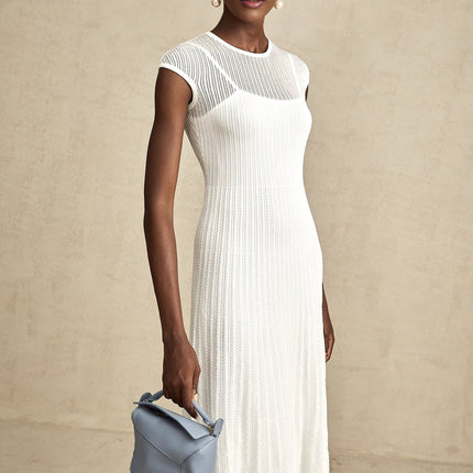 Enrica White Viscose Polyamide Elastane Midi Dress with Scalloped Hem and Round Neck