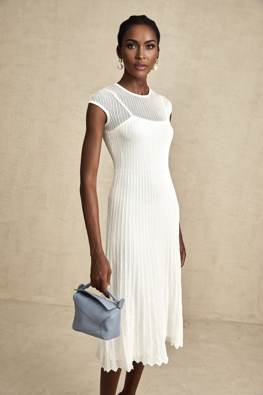 Enrica White Viscose Polyamide Elastane Midi Dress with Scalloped Hem and Round Neck