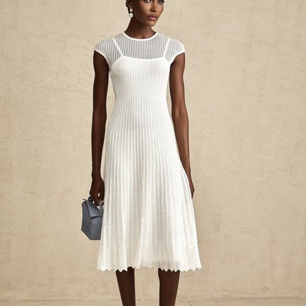 Enrica White Midi Dress Viscose Polyamide Elastane Scalloped Hem Sleeveless Jersey