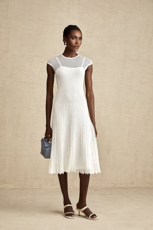 Enrica White Midi Dress Viscose Polyamide Elastane Scalloped Hem Sleeveless Jersey