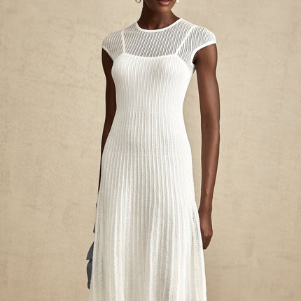 Enrica White Midi Dress Viscose Polyamide Elastane Scalloped Hem Sleeveless Round Neck Stretch Jersey
