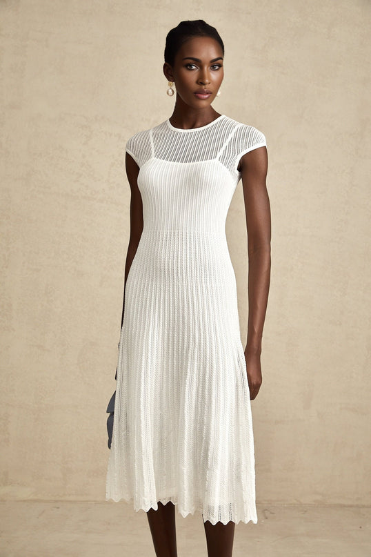 Enrica White Midi Dress Viscose Polyamide Elastane Scalloped Hem Sleeveless Round Neck Stretch Jersey